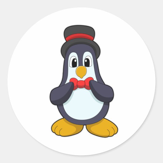 Pinguïn als bruidegom met lint en hoed ronde sticker (Voorkant)