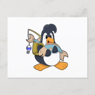 Pinguïn als hengelaar met vis briefkaart