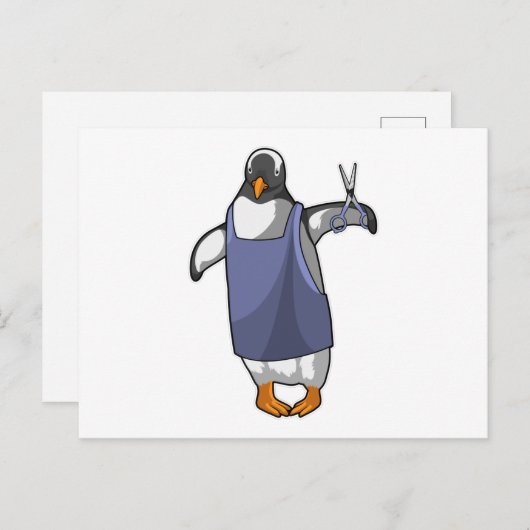 Pinguïn als kapper met schaar briefkaart (Voorkant / Achterkant)