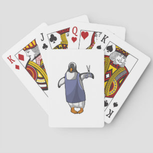Pinguïn als kapper met schaar pokerkaarten