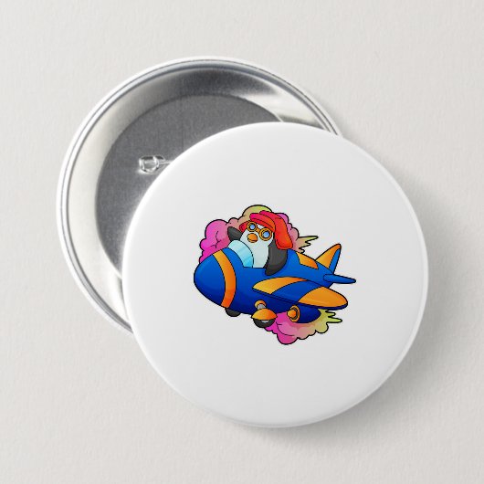 Pinguïn als piloot met vliegtuig ronde button 7,6 cm (Voorkant /achterkant)