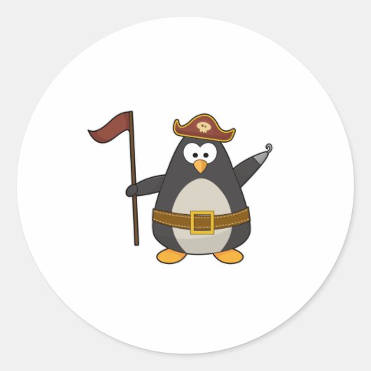 Pinguïn als piraat met piratengordel en -Pet Ronde Sticker (Voorkant)