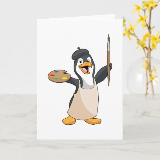 Pinguïn als schilder met penseel en kleur verf kaart (Gele Bloem)