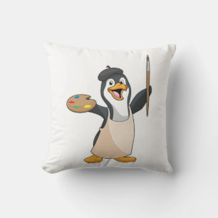 Pinguïn als schilder met penseel en kleur verf kussen