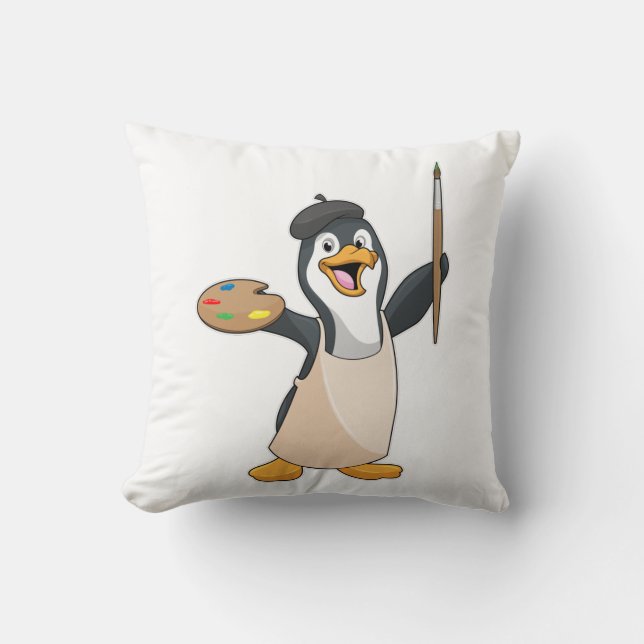 Pinguïn als schilder met penseel en kleur verf kussen (Voorkant)