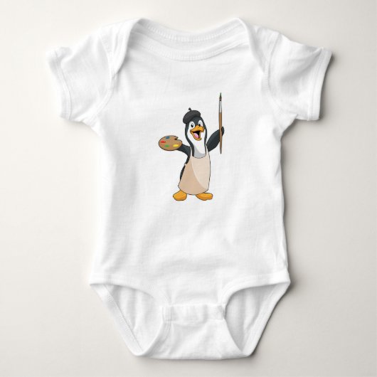 Pinguïn als schilder met penseel en kleur verf romper (Voorkant)