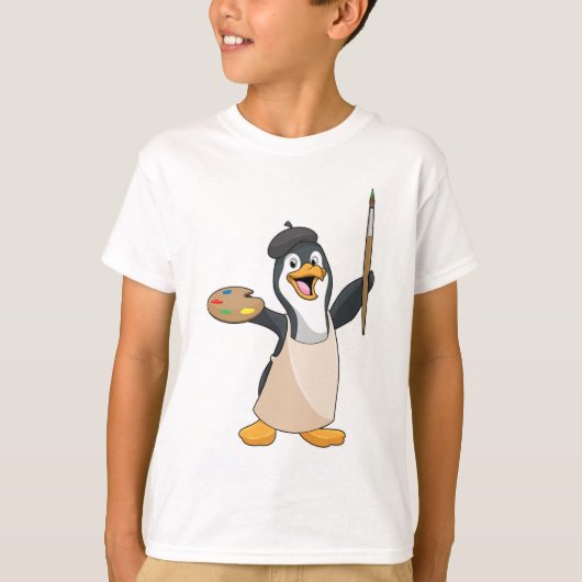 Pinguïn als schilder met penseel en kleur verf t-shirt (Voorkant)