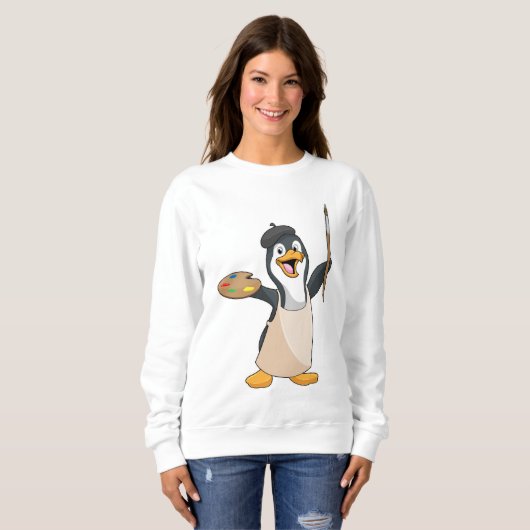 Pinguïn als schilder met penseel en kleur verf trui (Voorkant volledig)