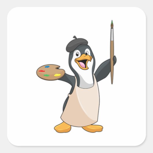 Pinguïn als schilder met penseel en kleur verf vierkante sticker (Voorkant)