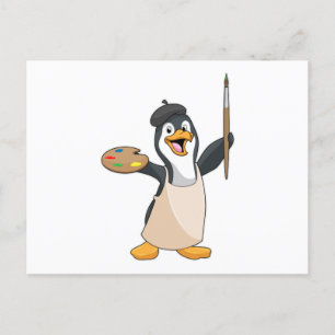 Pinguïn als schilder met verfkwast & kleur briefkaart