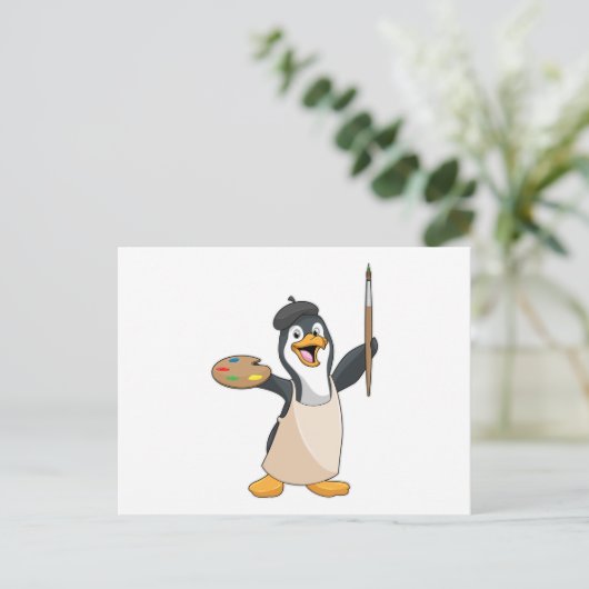 Pinguïn als Schilder met verfkwast & Kleur Briefkaart (Staand voorkant)