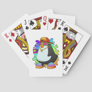 Pinguïn als schilder met verstuiving pokerkaarten