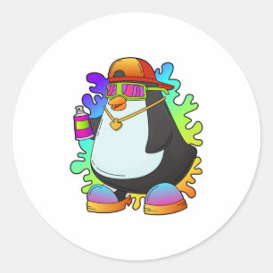 Pinguïn als schilder met verstuiving ronde sticker