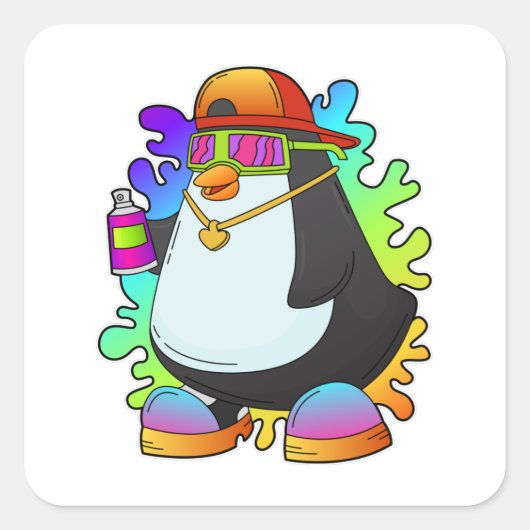 Pinguïn als schilder met verstuiving vierkante sticker (Voorkant)