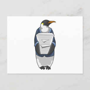 Pinguïn als secretaresse met stapel papier briefkaart