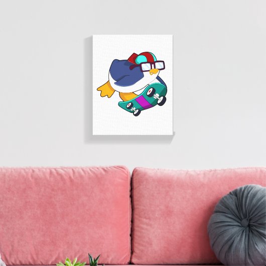 Pinguïn als Skater met skateboard Canvas Afdruk (Insitu (Woonkamer))