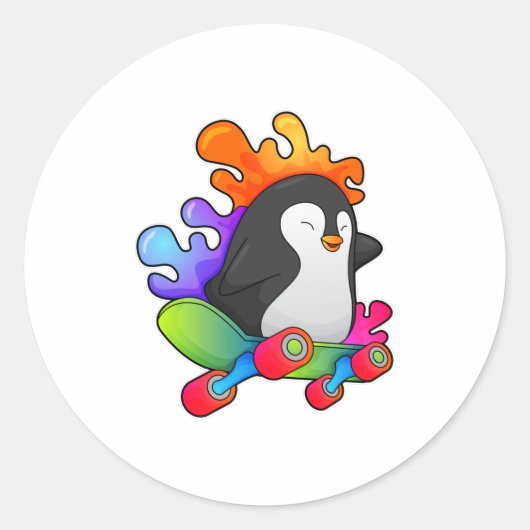 Pinguïn als Skater met skateboard Ronde Sticker (Voorkant)