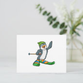 Pinguïn als skiër en Pet Briefkaart (Staand voorkant)