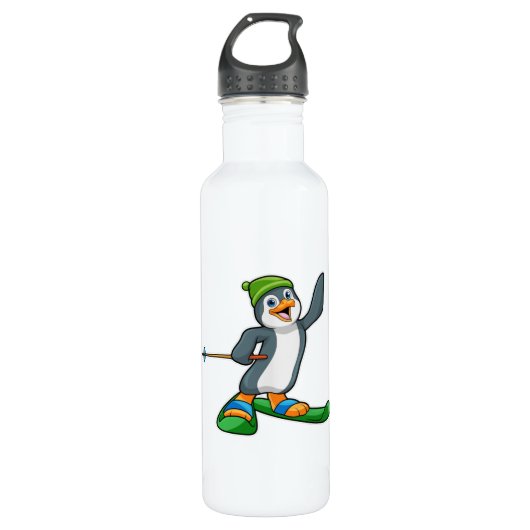 Pinguïn als skiër en Pet Waterfles (Voorkant)