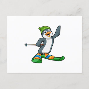 Pinguïn als skiër met ski en muts briefkaart