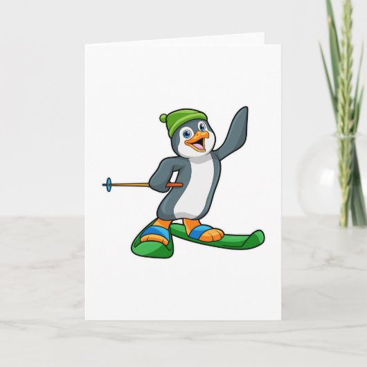 Pinguïn als skiër met ski en pet kaart (Voorkant)
