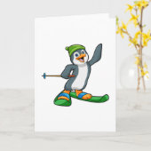 Pinguïn als skiër met ski en pet kaart (Gele Bloem)