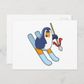 Pinguïn als skiër met ski's briefkaart (Voorkant / Achterkant)