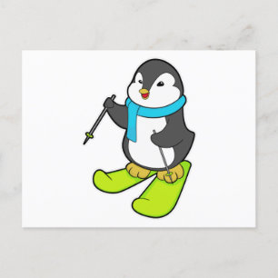 Pinguïn als skiër met skis briefkaart