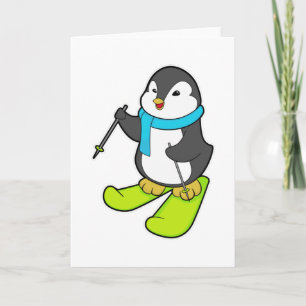 Pinguïn als skiër met skis kaart
