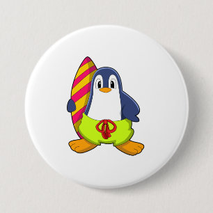 Pinguïn als Surfer met surfboard Ronde Button 7,6 Cm