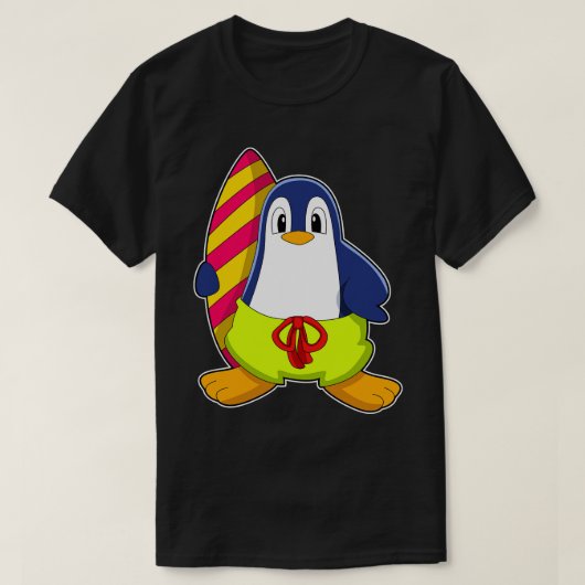 Pinguïn als Surfer met surfboard T-shirt (Design voorkant)