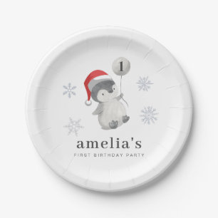 Pinguïn Ballon 1e Verjaardag Papieren Bordje