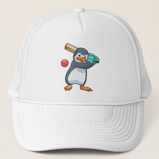 Pinguïn bij Cricket met cricket bat Trucker Pet (Voorkant)