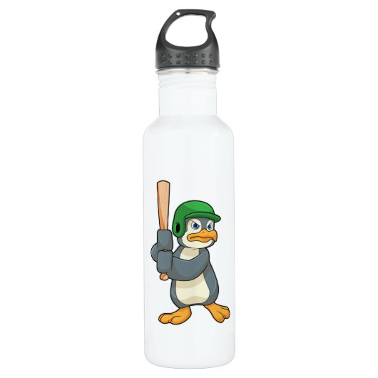 Pinguïn bij honkbal met honkbalknuppel en helm waterfles (Voorkant)