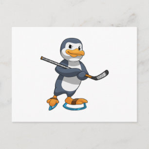 Pinguïn bij ijshockey met ijshockeystick briefkaart
