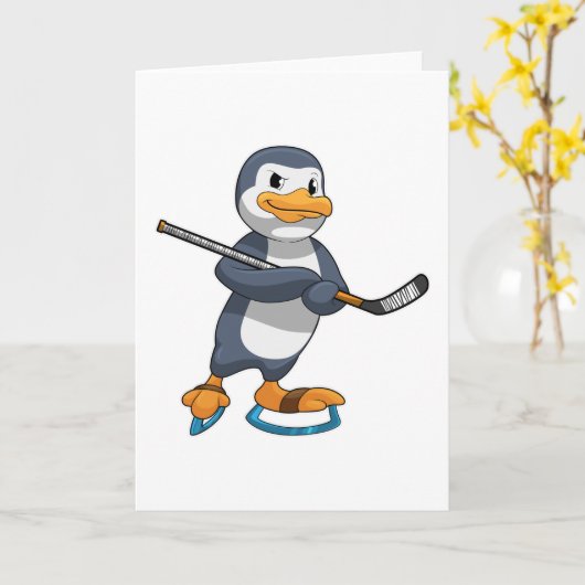 Pinguïn bij ijshockey met ijshockeystick kaart (Gele Bloem)