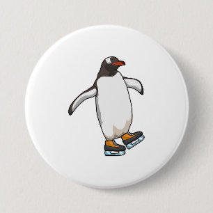 Pinguïn bij ijsschaatsen met ijsschaatsen ronde button 7,6 cm
