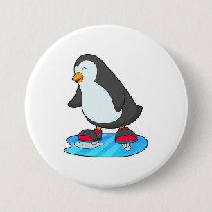 Pinguïn bij ijsschaatsen met ijsschaatsen ronde button 7,6 cm