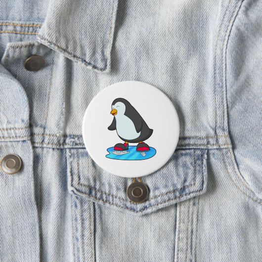 Pinguïn bij ijsschaatsen met ijsschaatsen ronde button 7,6 cm (In situ)