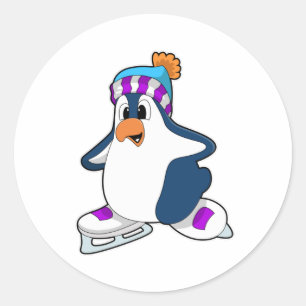 Pinguïn bij ijsschaatsen met ijsschaatsen ronde sticker
