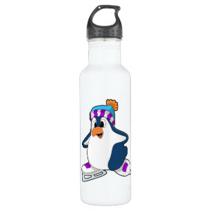 Pinguïn bij ijsschaatsen met ijsschaatsen waterfles 