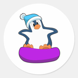 Pinguïn bij Snowboarding met Snowboard Ronde Sticker
