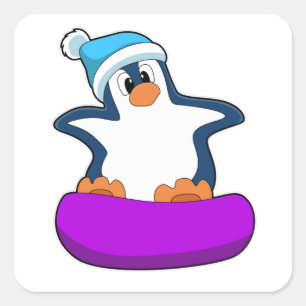 Pinguïn bij Snowboarding met Snowboard Vierkante Sticker