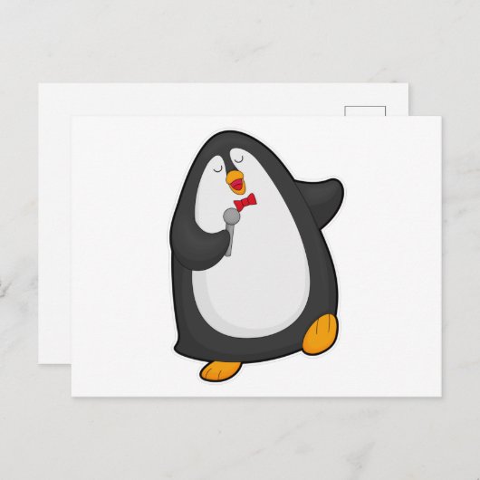 Pinguïn bij Zingen met microfoon en Stropdas Briefkaart (Voorkant / Achterkant)