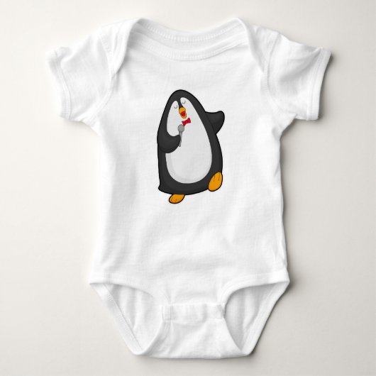 Pinguïn bij Zingen met microfoon en Stropdas Romper (Voorkant)