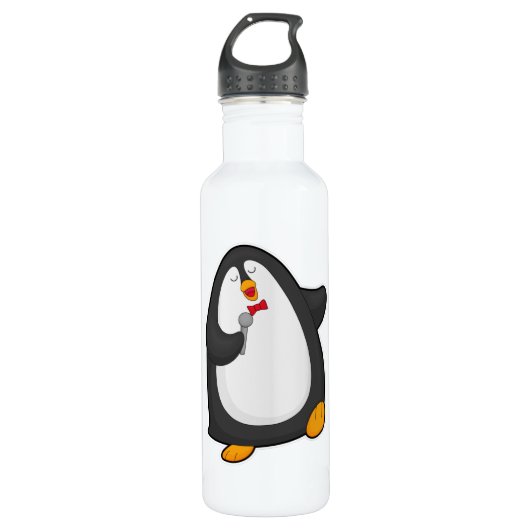 Pinguïn bij Zingen met microfoon en Stropdas Waterfles (Voorkant)