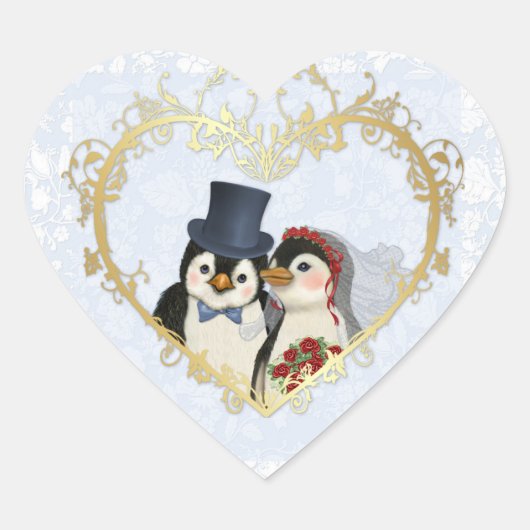 Pinguïn bruiloft hart sticker (Voorkant)