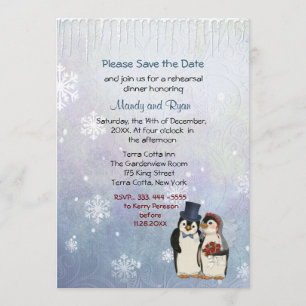 Pinguïn bruiloft sneeuwvlokken repetitie diner uit save the date