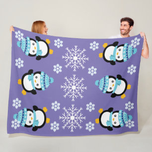 Pinguïn cartoon koude wintersneeuwvlok LARGE paars Fleece Deken