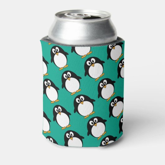 pinguïn cartoon smaragd en zwart blikjeskoeler (Blikje Achterkant)